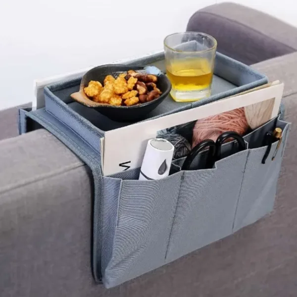 Sofa Armrest Organizer with Tray – Multi-Pocket Storage for Remotes, Magazines, Snacks & Essentials