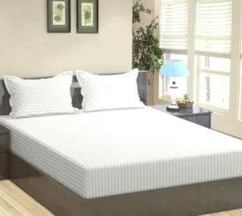 White Elegance Bedsheet Set – Premium Cotton Feel with Subtle Satin Stripes – Double Bed Size