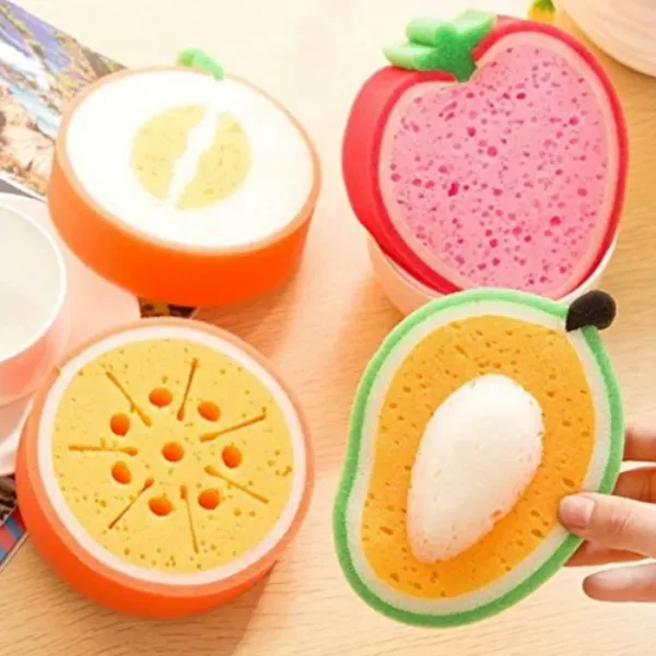 Fruit Shape Multi-Functional Cleaning Sponge – Soft & Absorbent Kitchen Scrubber for Dishes, Utensils & Sink Cleaning (Random shape-Pack of