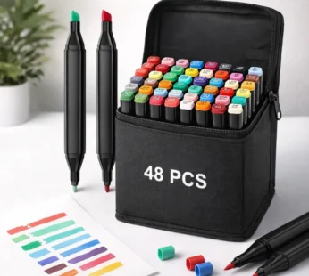 Art Markers Set – 48 Pcs Dual-Tip Brush & Chisel Sketch Markers with Carry Case | Odorless, Non-Toxic Permanent Markers