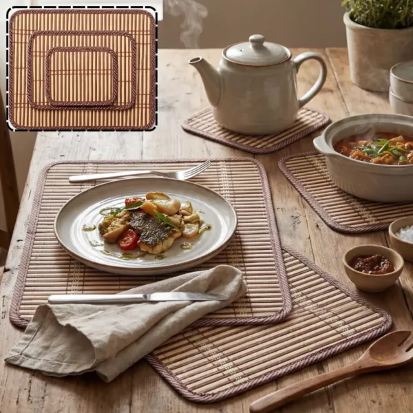 Natural Bamboo Placemats & Coasters Set – Eco-Friendly Dining Table Mats with Brown Striped Design & Fabric Border(Pack of 3