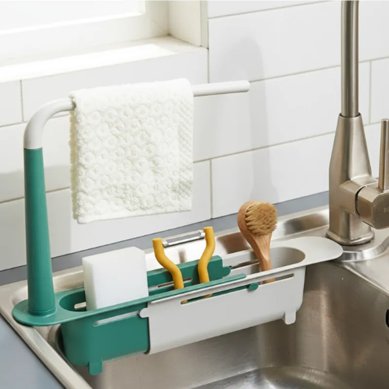 Adjustable Telescopic Sink Shelf – Expandable Kitchen Sink Organizer Rack with Drain Basket & Cloth Hanger (Random Color- Pack of 1) - Detailed Feature View 4