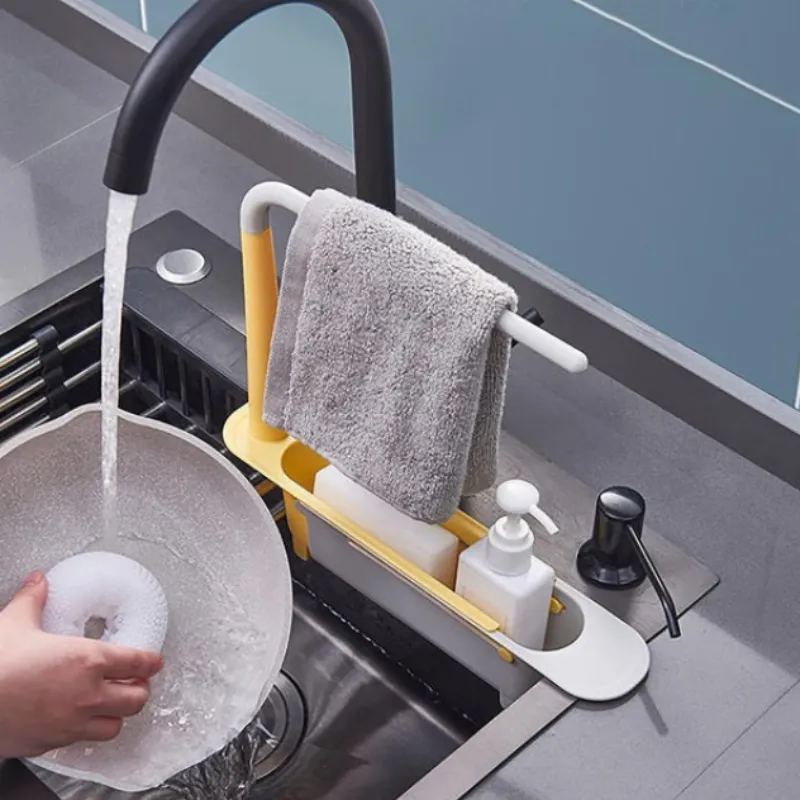 Adjustable Telescopic Sink Shelf – Expandable Kitchen Sink Organizer Rack with Drain Basket & Cloth Hanger (Random Color- Pack of 1) - Detailed Feature View 1