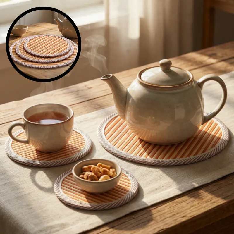 Premium Round Bamboo Table Mat with Rope Border – Heat-Resistant Placemat & Coaster for Dining Table, Kitchen, & Cookware (Set of 3 Sizes-Small,Midium & Large) - Buy Online at Alikart