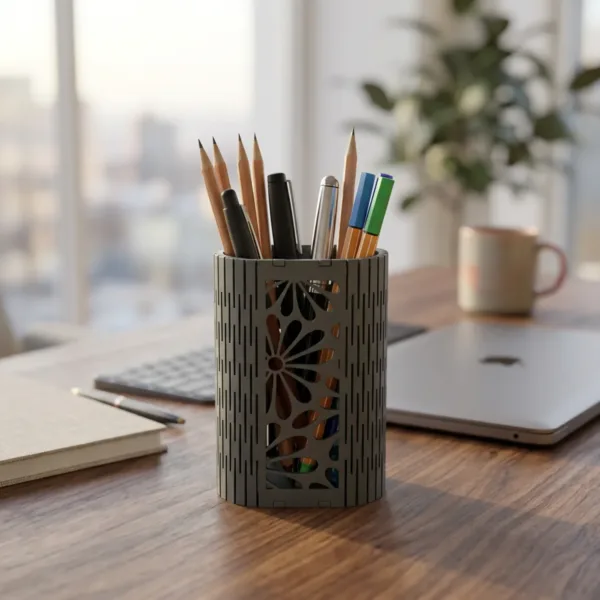 Floral Mesh Pen Holder – Laser Cut MDF Desk Organizer