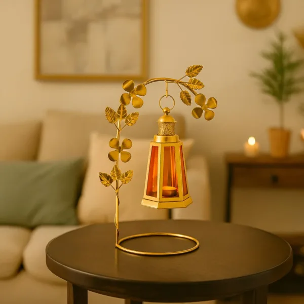 VON CASA Decorative T-Light With Stand – Red and Golden (Leaf Pattern)