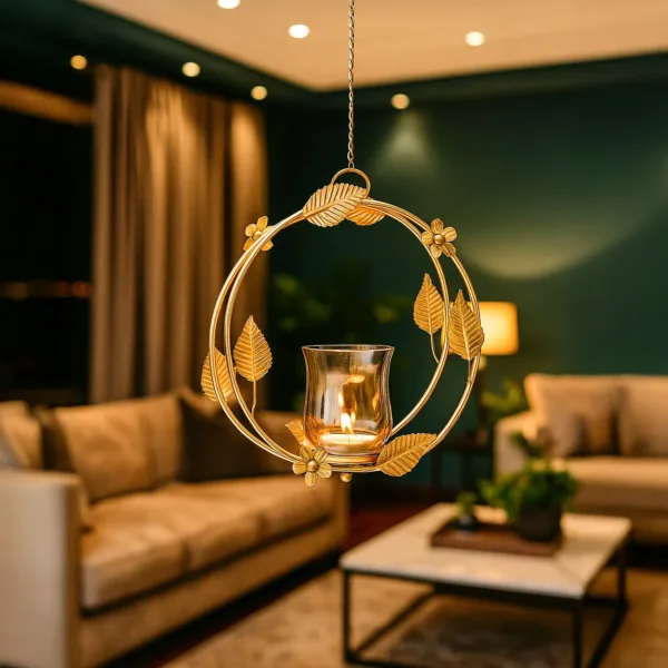 VON CASA Hanging T-Light Holder – Golden Circle with Luster Glass