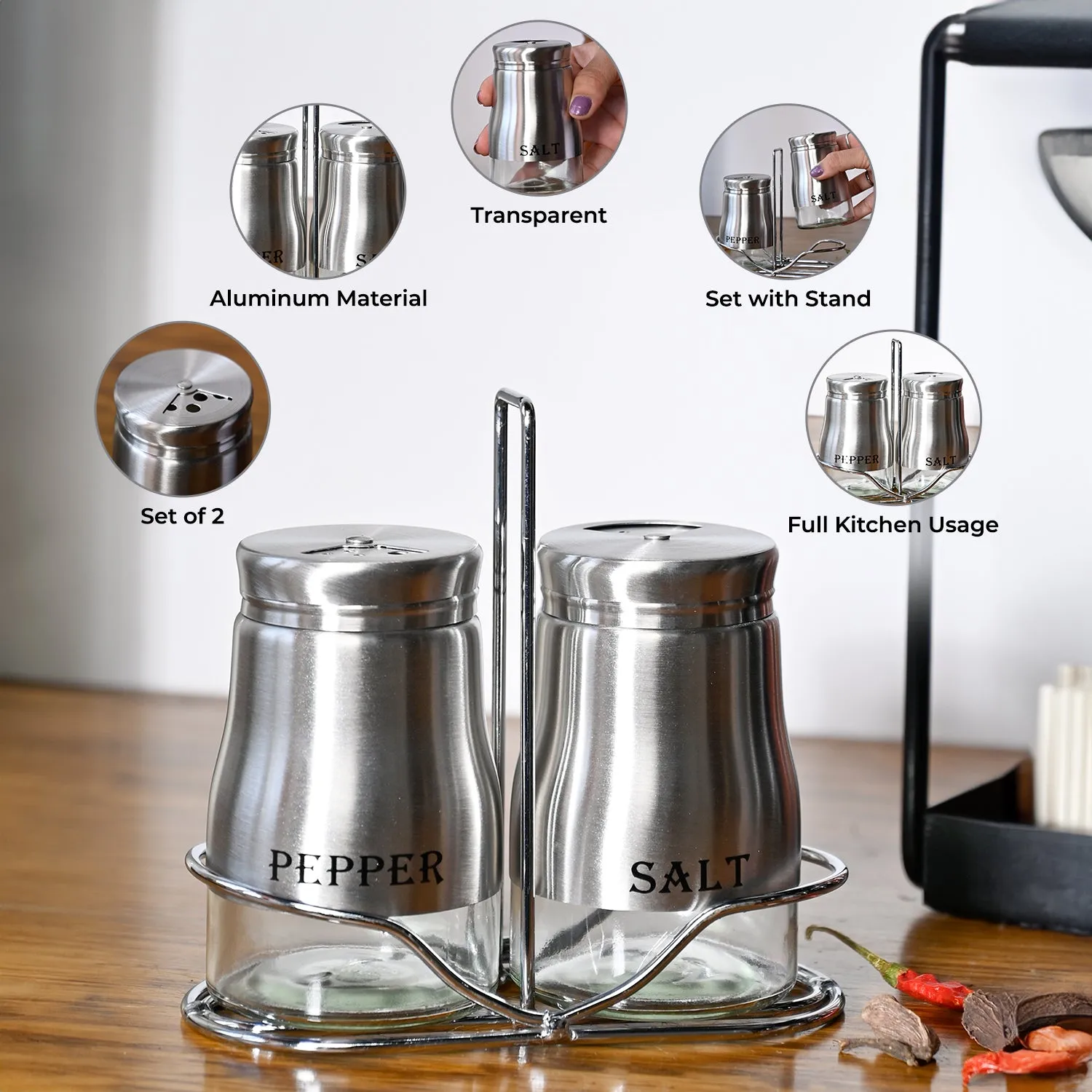 VON CASA Salt & Pepper 150ml - Silver Stainless Steel Glossy Finish - Detailed Feature View 1