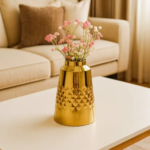 VON CASA Shiny Gold Vase – Truncated Cone (Shiny & Diamond Pattern)