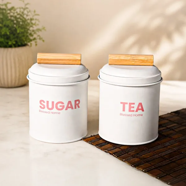 VON CASA Tea & Sugar Storage Jar Set of 2 with Nordic Wooden Lids | White Metal Canisters