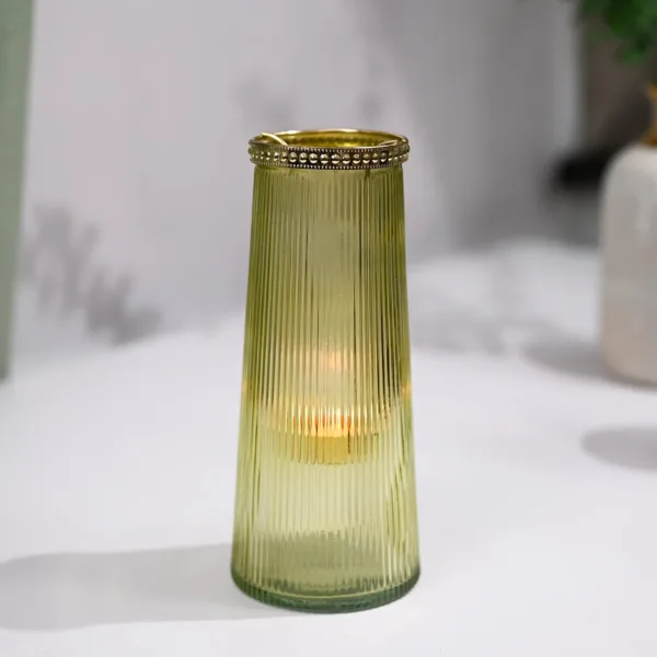 VON CASA Teal & Yellow Cone Glass T-Light Holder