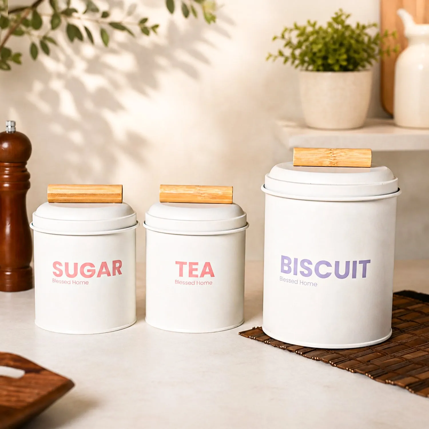 Premium VON CASA White Metal Tea, Sugar & Biscuit Storage Jar Set of 3 with Nordic Wooden Lids - Buy Online at Alikart