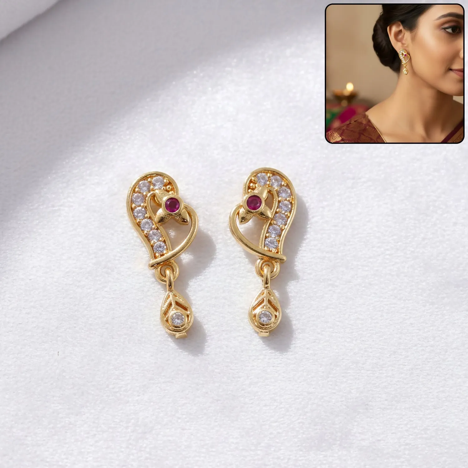 Premium Floral Motif Gold Plated Drop Stud Earrings With Crystal And Teardrop Charm - Buy Online at Alikart