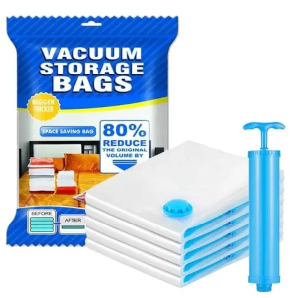 Vacuum Storage Bags Set of 5 with Pump – Air-Tight Compression Bags for Clothes, Blankets & Travel Storage (2 Small, 2 Medium, 1 Large)