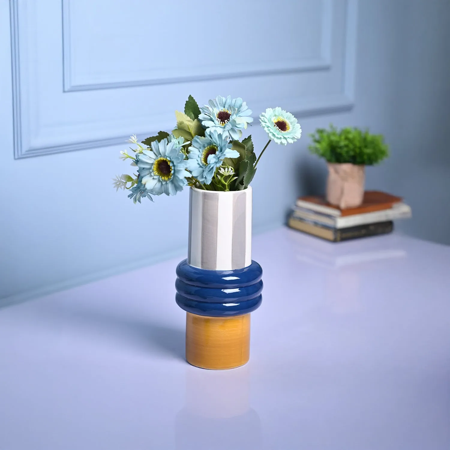 Premium Vibrant Blue & Mustard Ceramic Vase - Buy Online at Alikart