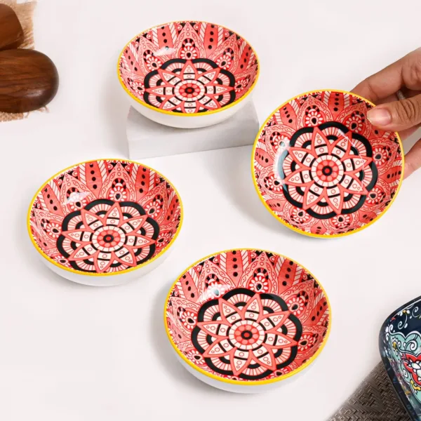 Von Casa Red Mandala Printed 90ml Mini Bowl Set (4 Pieces) – Glossy Ceramic Dip & Chutney Bowls