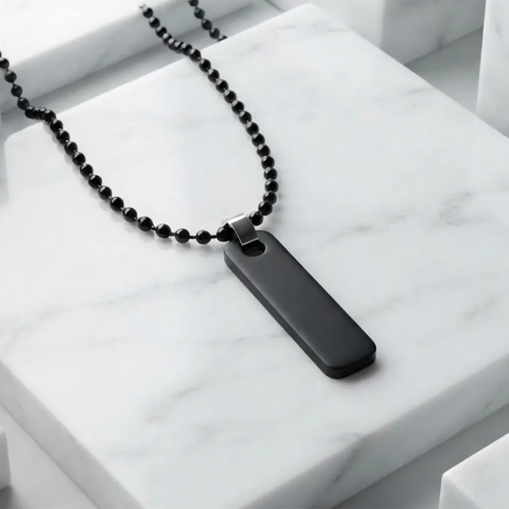 Black Vertical Bar Pendant Necklace for Men Matte Ball Chain Minimalist Dog Tag