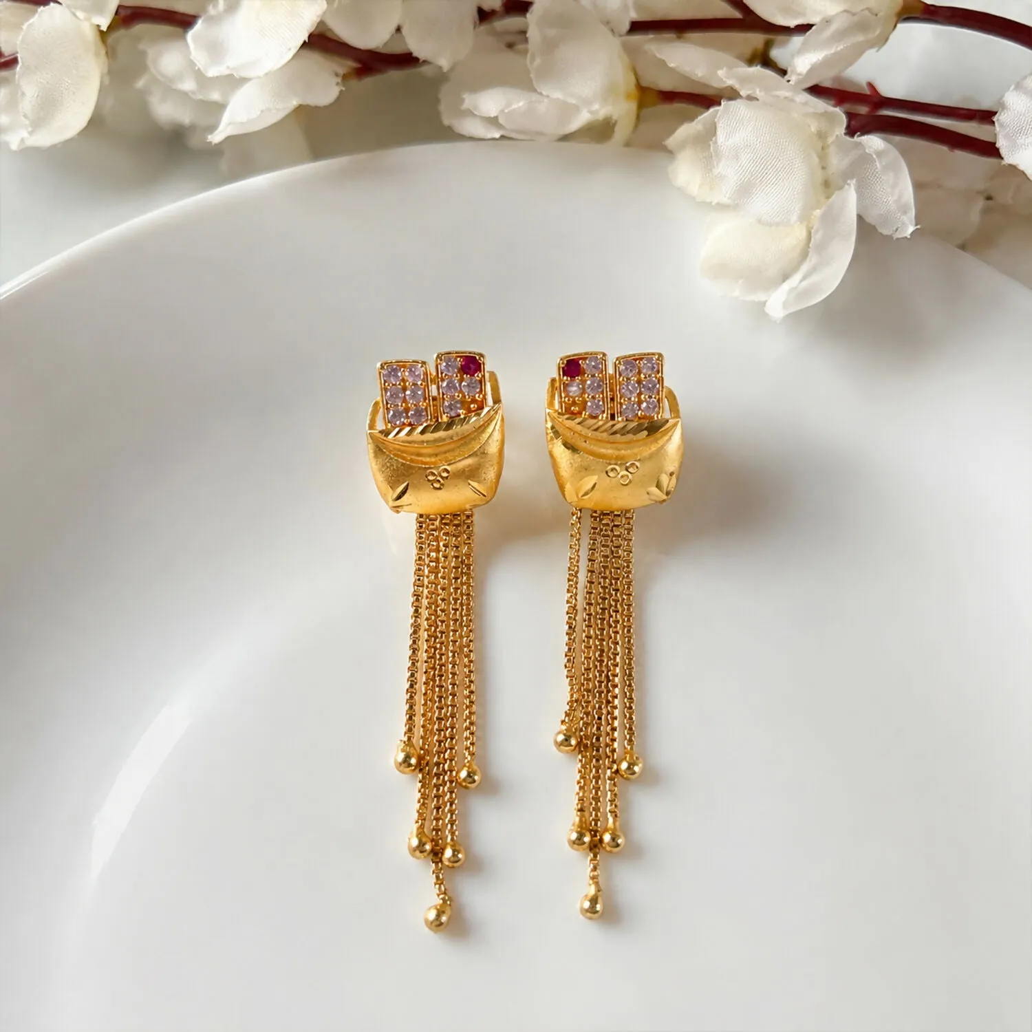 Gold Plated Boat Shape Textured Dangle Earrings with Multi Chain Tassel Drop Design - Detailed Feature View 3