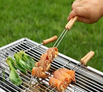 Stainless Steel BBQ Skewers Set (10 Pcs) | Barbeque Rods with Wooden Handle | Grill Sticks for Kebab, Vegetables & Meat