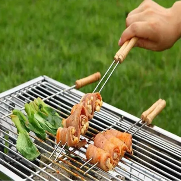 Stainless Steel BBQ Skewers Set (10 Pcs) | Barbeque Rods with Wooden Handle | Grill Sticks for Kebab, Vegetables & Meat