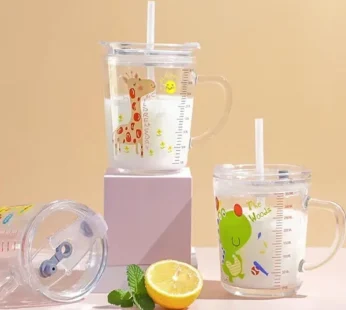 Cartoon Printed Glass Sipper Mug With Silicone Straw