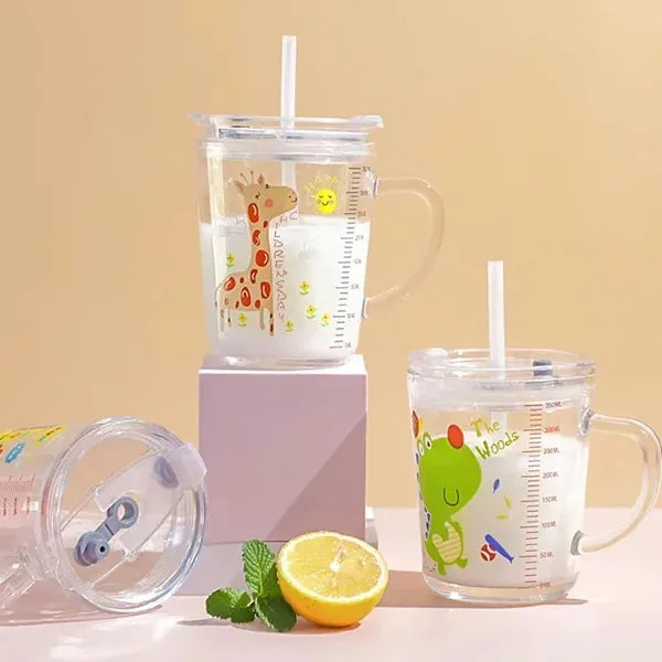 Premium Cartoon Printed Glass Sipper Mug With Silicone Straw - Buy Online at Alikart