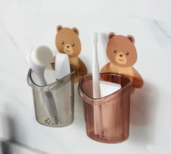 Cartoon Bear Self-Adhesive Toothbrush Holder – Wall Mounted Bathroom Organizer for Kids & Family (Random color-Pack of 1)