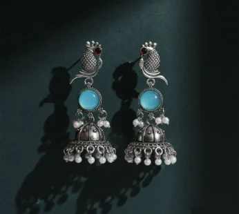 Oxidised Silver Peacock Jhumka Earrings with Sky Blue Stone and Pearl Drops Women