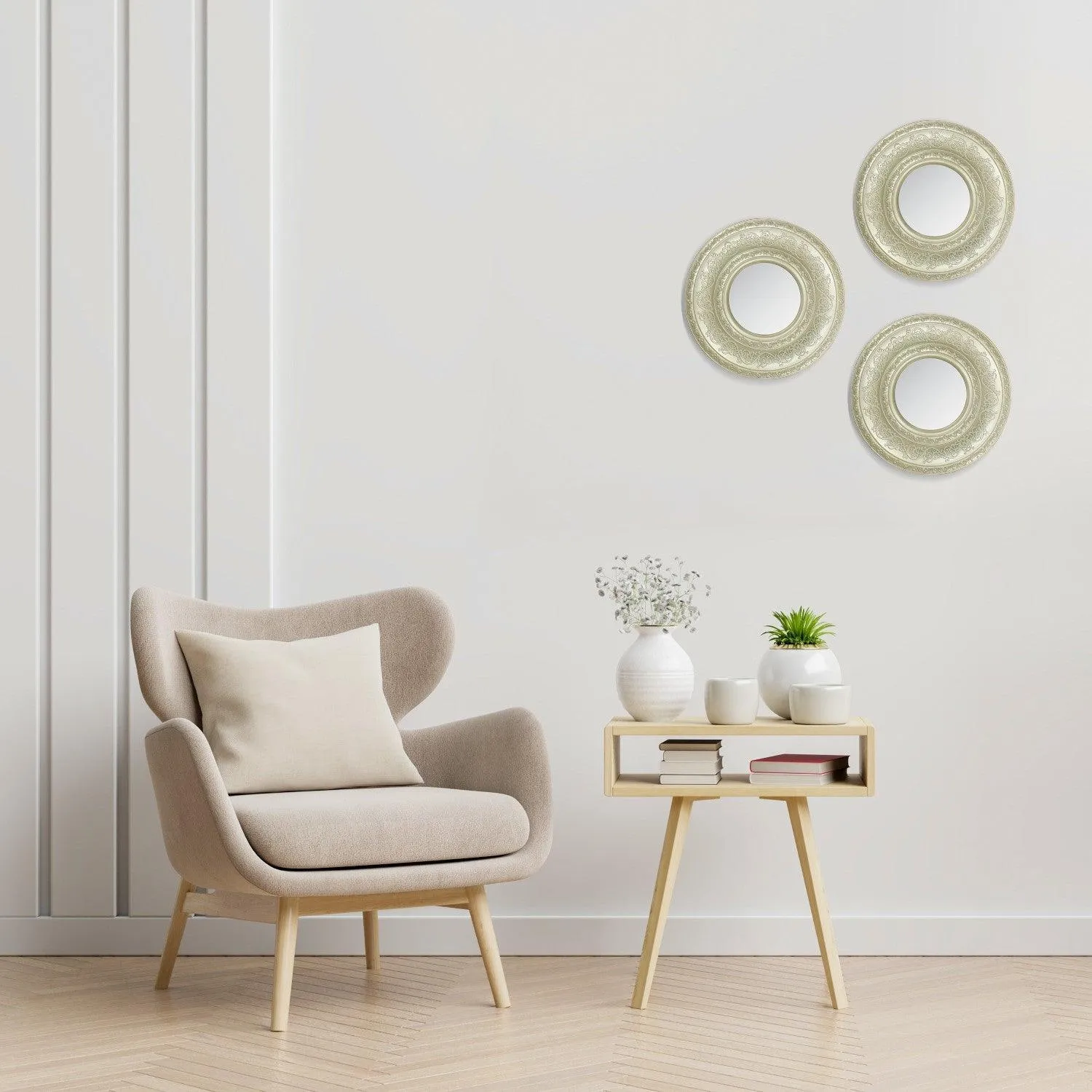 Wall Mirror, Wall Décor, Antique Finish, Champagne Colour, Plastic, Set of 3 - Detailed Feature View 8