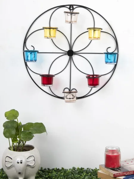Wall Sconce, Multi-coloured Votives, 8 Votive T-Light Candle Holder, Black Finish, Mild Steel