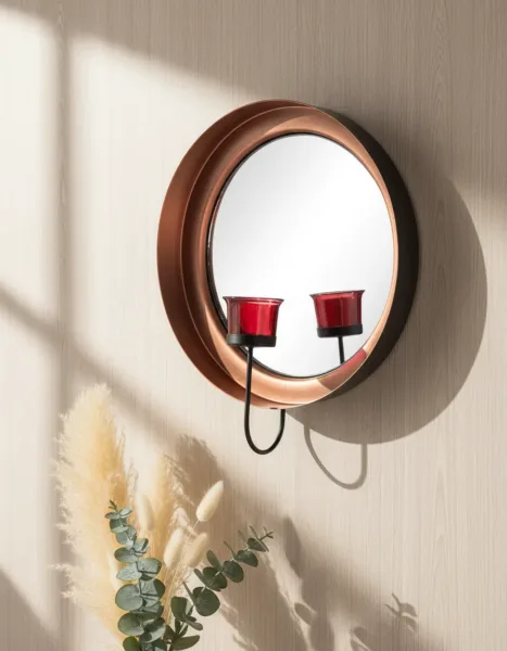 Wall Sconce T-Light Candle Holder, Votive Holder With Mirror, Metal Frame, Red Votive, Copper Finish, Mild Steel
