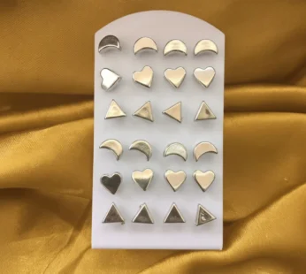 Silver Tone 12 Pairs Stud Earrings Combo Set with Heart Triangle Shape Designs