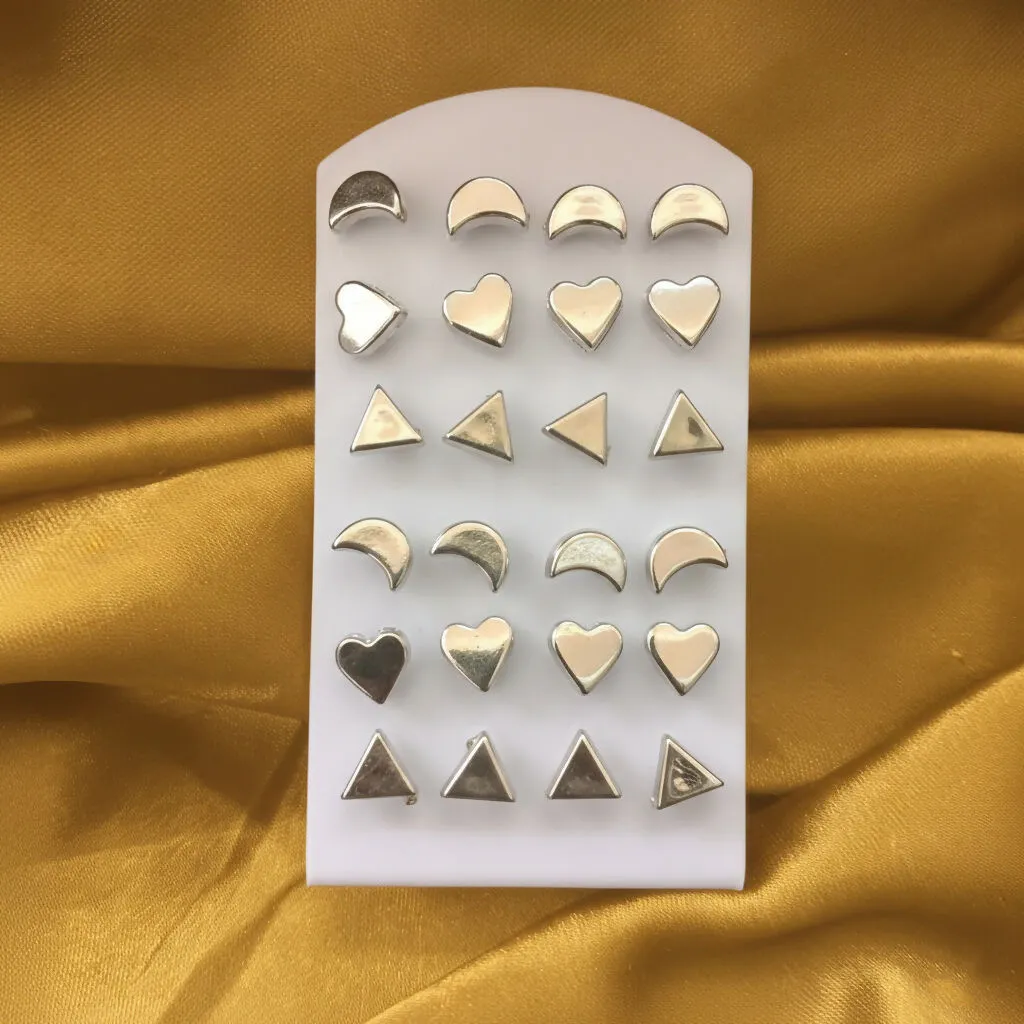 Premium Silver Tone 12 Pairs Stud Earrings Combo Set with Heart Triangle Shape Designs - Buy Online at Alikart