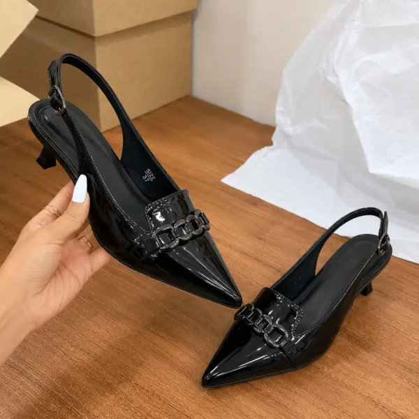 Women’s Elegant Dress Shoes – Kitten Heel Slingback Pumps, Closed Pointed Toe with Metal Chain Buckle