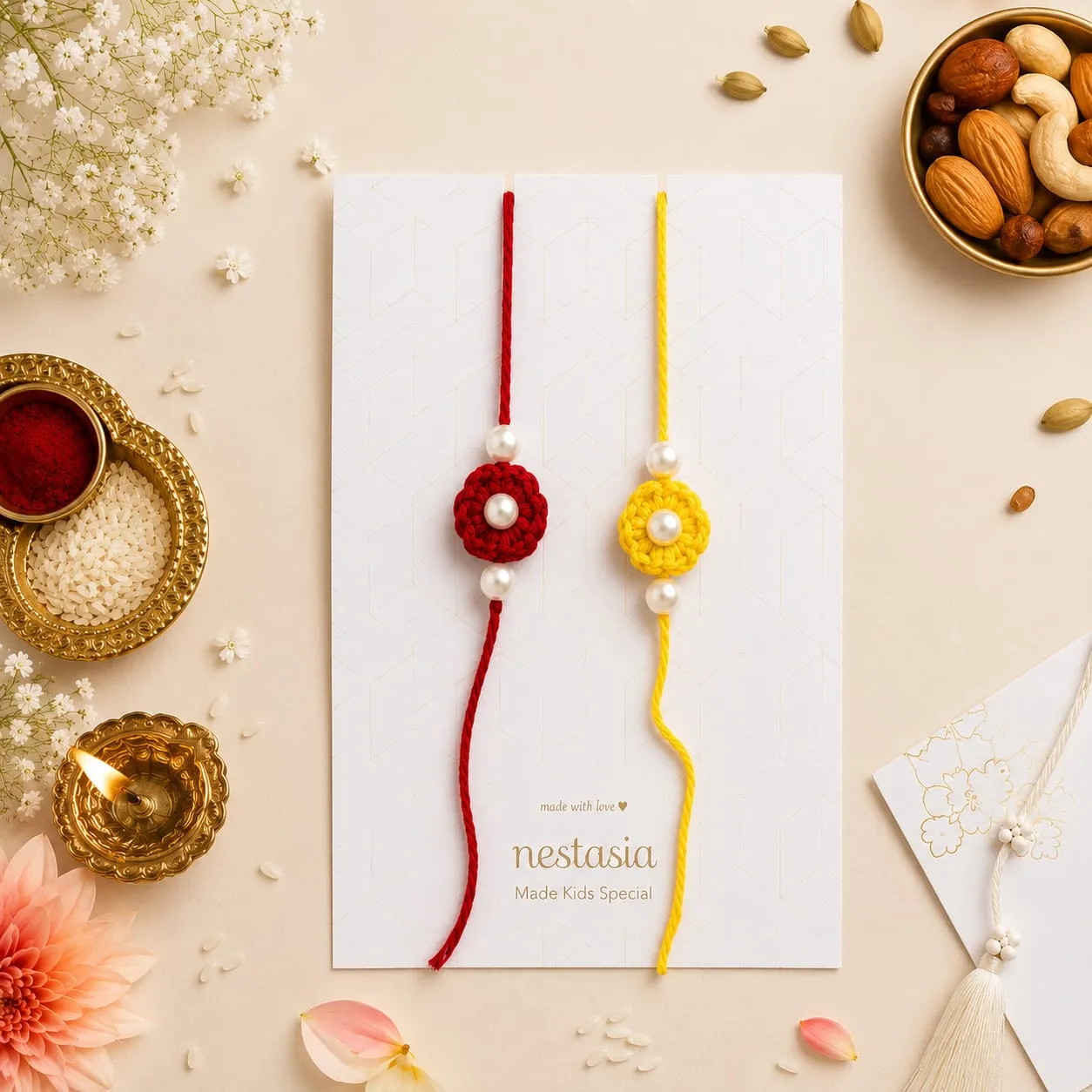 Premium Handcrafted Crochet Flower & Pearl Rakhi Set - Red & Yellow (Pack of 2) | Raksha Bandhan Combo Pack - Buy Online at Alikart