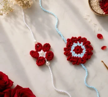 Premium Handcrafted Crochet Rakhi | Red & Blue Floral Design | Unique Eco-Friendly Rakhi (Random Set of 1)