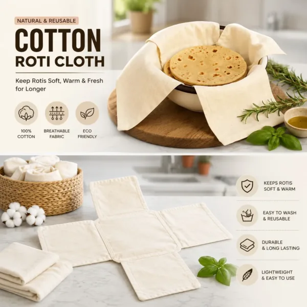 Cotton Roti Cloth Wrap with Flaps | Double Layer Chapati Cover for Keeping Rotis Warm & Fresh | Traditional Kitchen Roti Wrap for Tiffin (Pack of