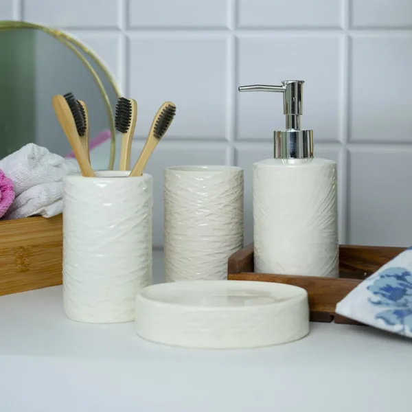 White Ceramic Bathroom Set – Matte, Geometric Pattern