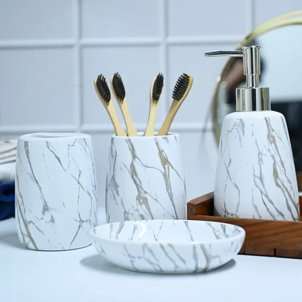 White Ceramic Bathroom Set Of 4 – Stone Finish, Bath Accessories