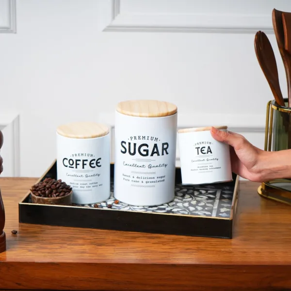 White Iron Coffee, Tea & Sugar Jars – Tea – 500 ml, Sugar – 1000 ml, Coffee – 750 ml