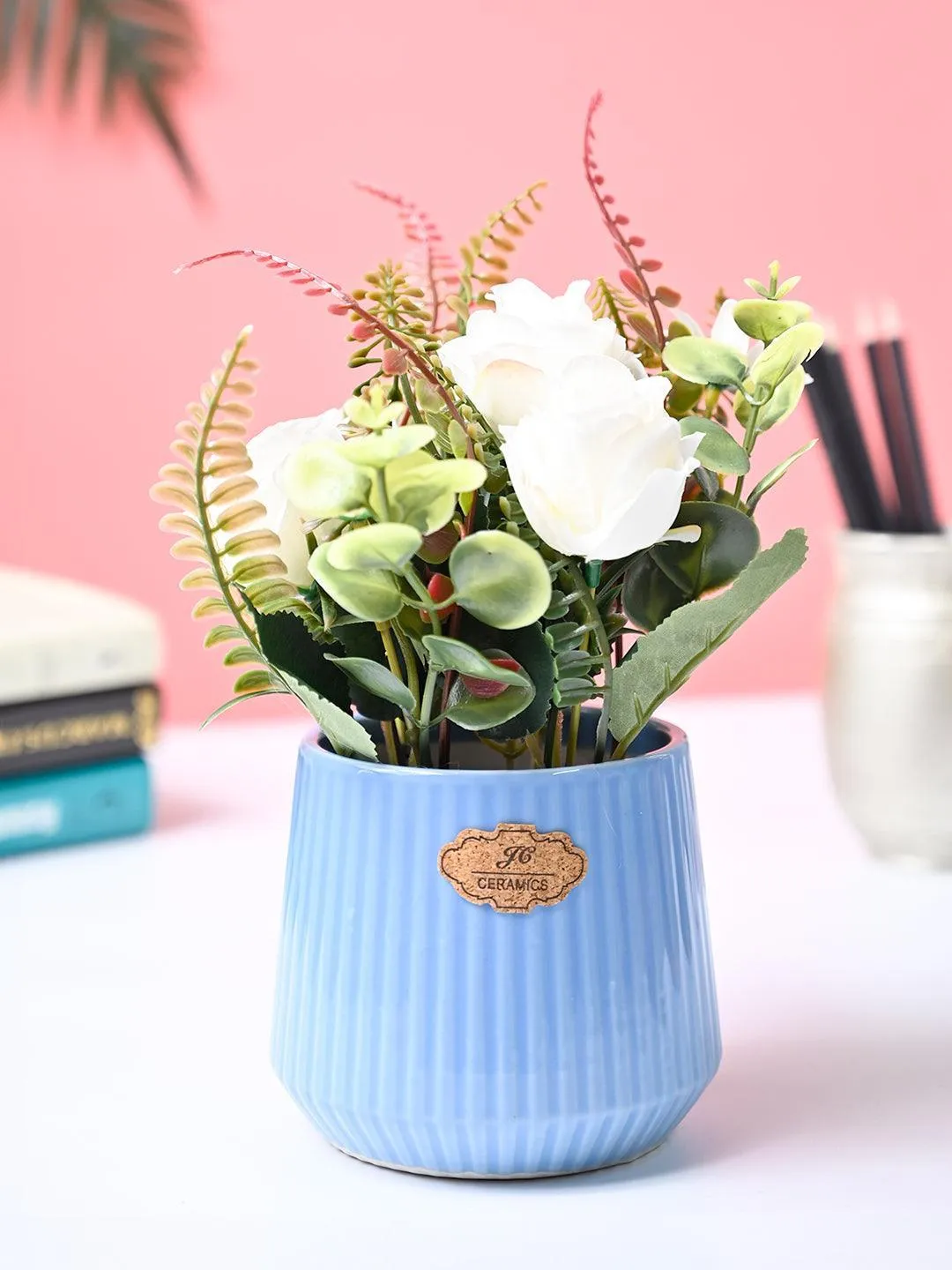 Premium White Rose Flower With Blue Pot - Buy Online at Alikart