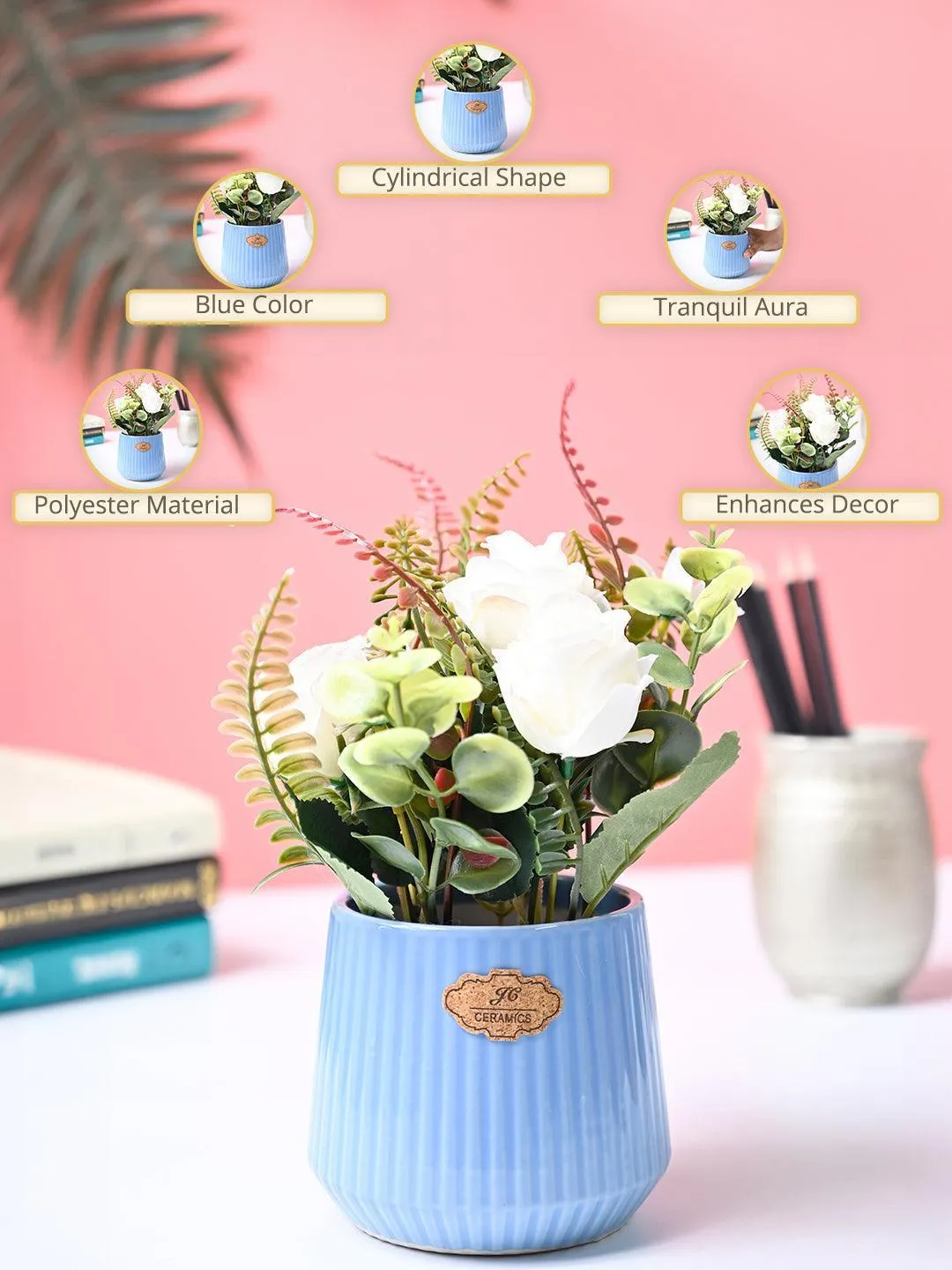 White Rose Flower With Blue Pot - Detailed Feature View 1