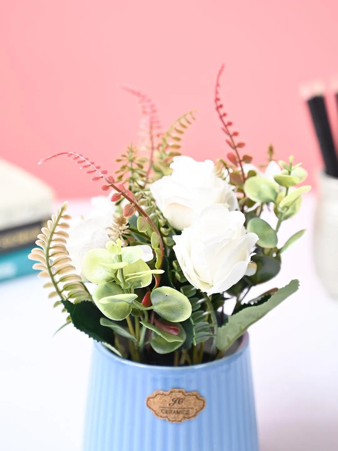 White Rose Flower With Blue Pot - Detailed Feature View 2