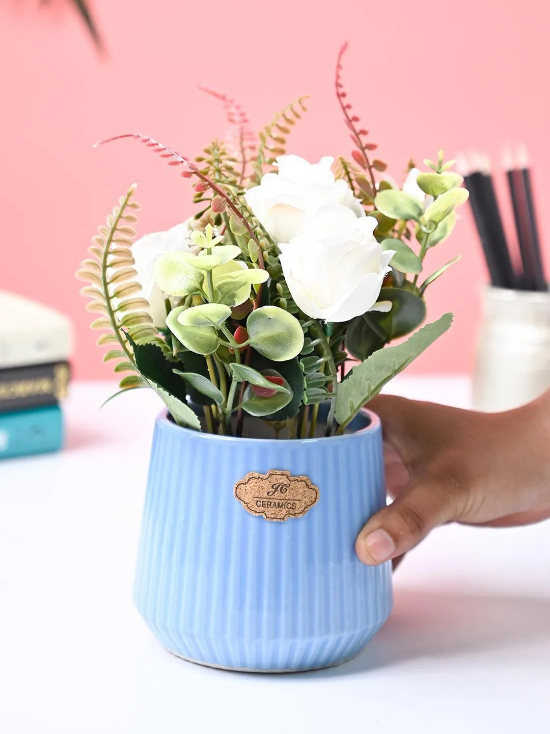 White Rose Flower With Blue Pot - Detailed Feature View 3
