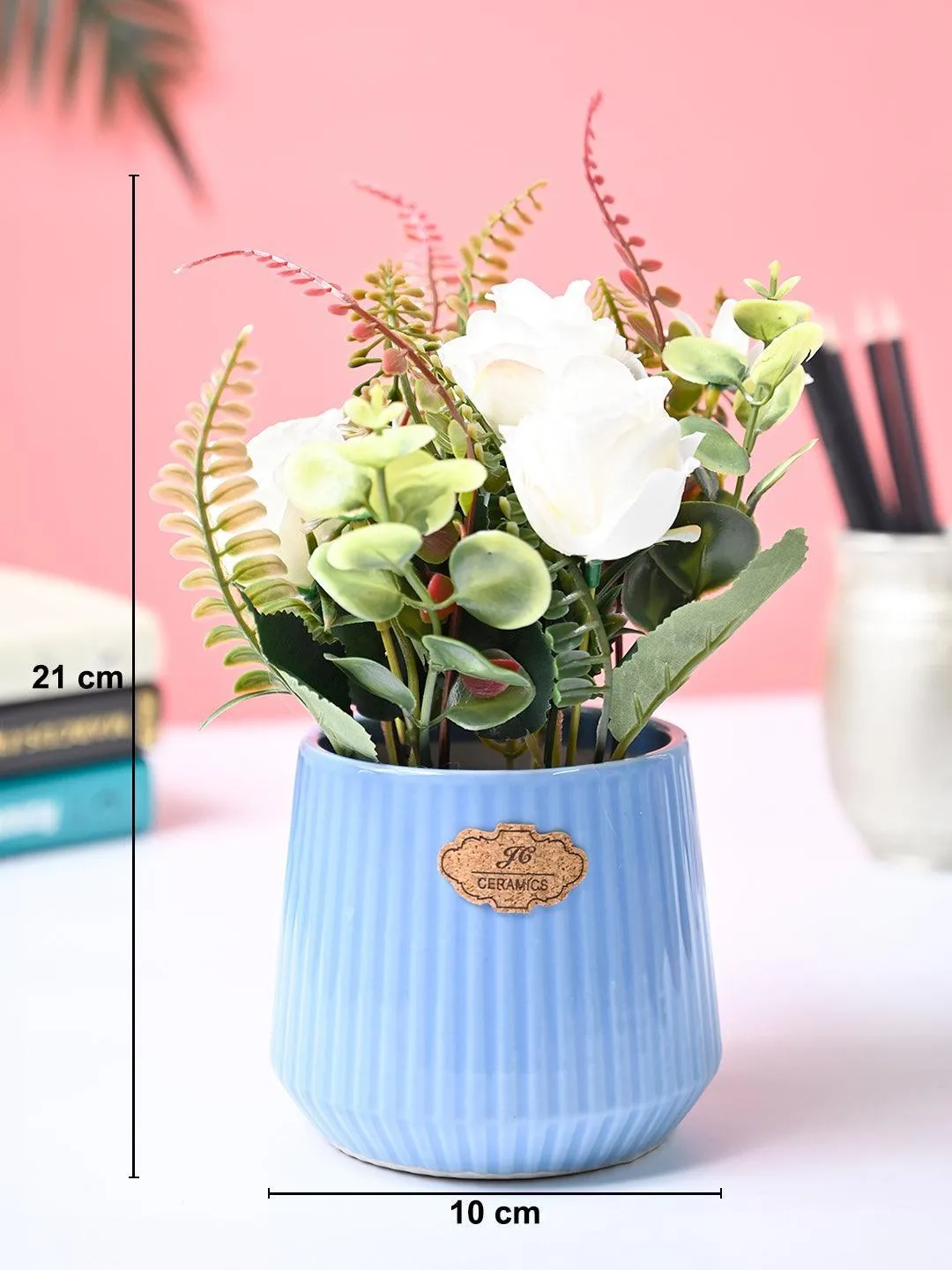 White Rose Flower With Blue Pot - Detailed Feature View 4