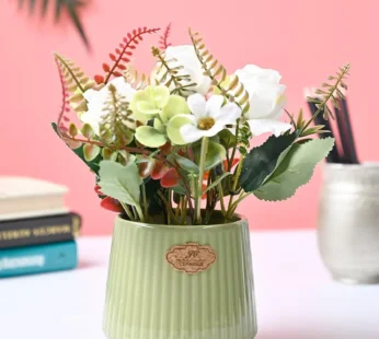 White Rose Flower With Green Pot