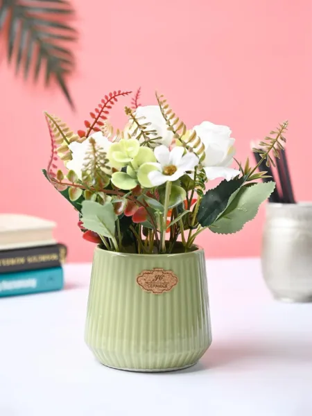 White Rose Flower With Green Pot