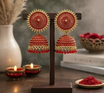 Traditional Oxidised Jhumka Earrings – Rich Red & Gold Design