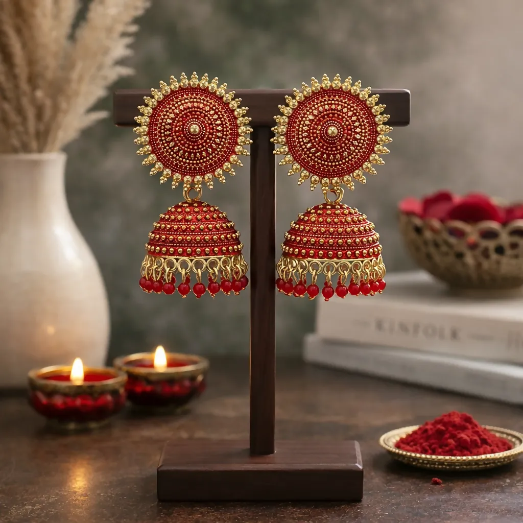 Premium Traditional Oxidised Jhumka Earrings – Rich Red & Gold Design - Buy Online at Alikart