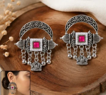 Ethnic Oxidized Silver Crescent Chandbali Jhumka Earrings for Women – Traditional German Silver Half-Moon Hoop Earrings Studded with Magenta Red Stones and Tiny White Seed Pearls, Accented with Metallic Ghungroo Tassels for Festive Boho Looks